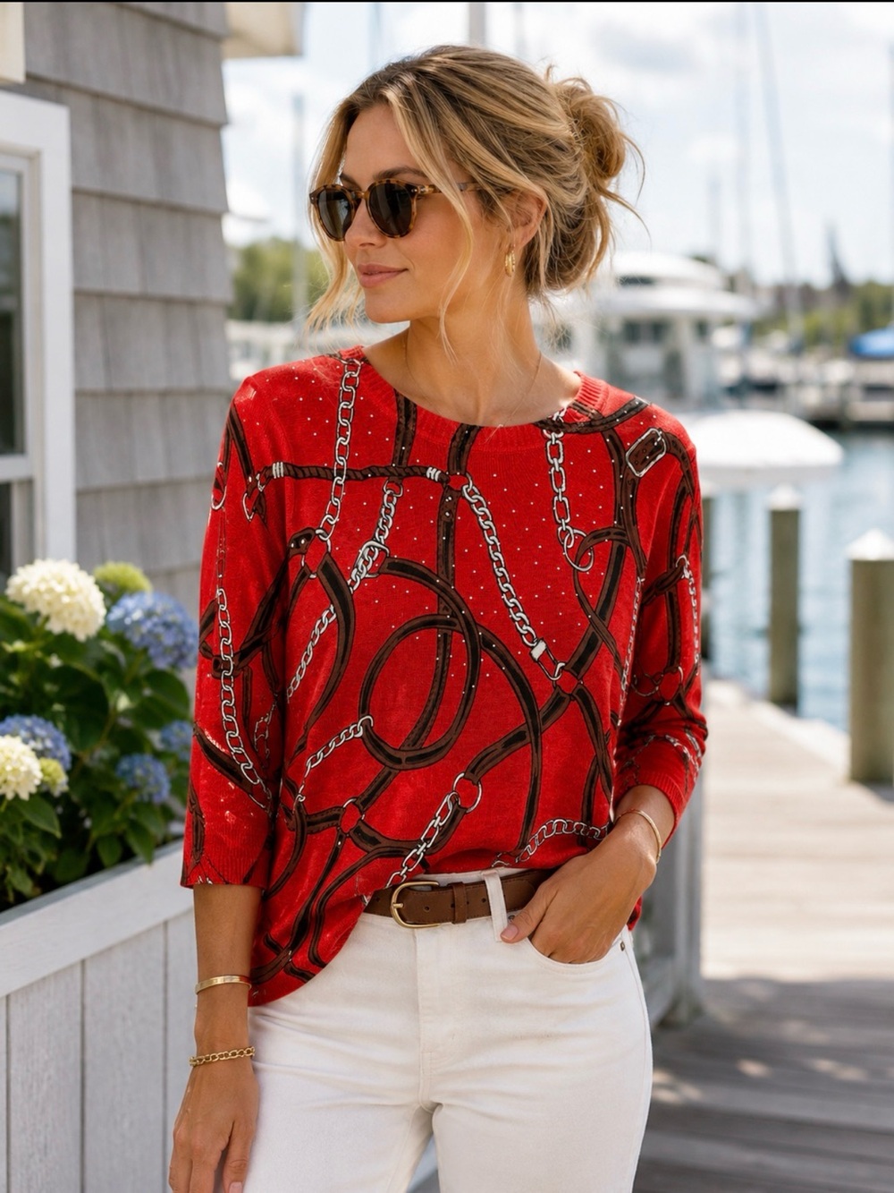Rebecca Malone Red Equestrian Chain Belt Print Rhinestone Sweater Large